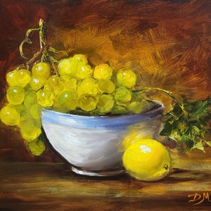 Green Grapes and lemon Original Oil painting. Still life painting. Kitchen art. Fruit painting. Fine art. Art Home decor. Wall art.