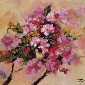 Cherry blossom oil painting, Original painting on canvas board, Handpainted artwork, Floral Art decor Collectible fine art