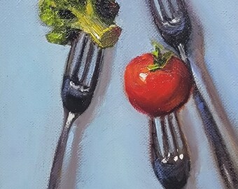 Broccoli, Tomato & Olive Oil Painting, Small Kitchen Art (8x6 in)