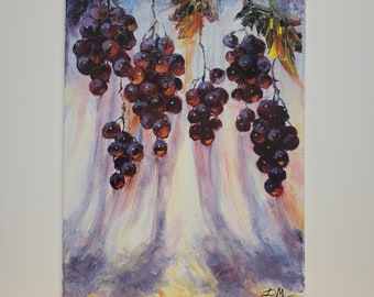 May include: A painting of a bunch of grapes hanging from a vine. The grapes are dark purple and are painted in a realistic style. The background is a light purple and white.