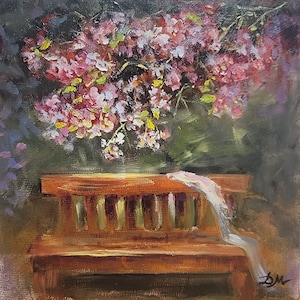 Cherry Blossom Original hand-painted oil painting. Garden bench and Pink blossom artwork. Cherry tree branch art. Cherry tree flowers.