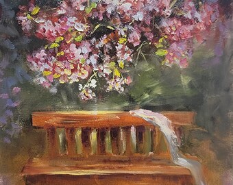 Cherry Blossom Oil Painting: Garden Bench, Pink Flowers, Original Art