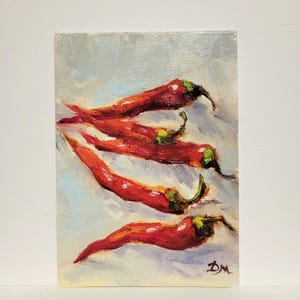 Red Chili Peppers Oil Painting: Hand-Painted Kitchen Wall Art (5x7 in)