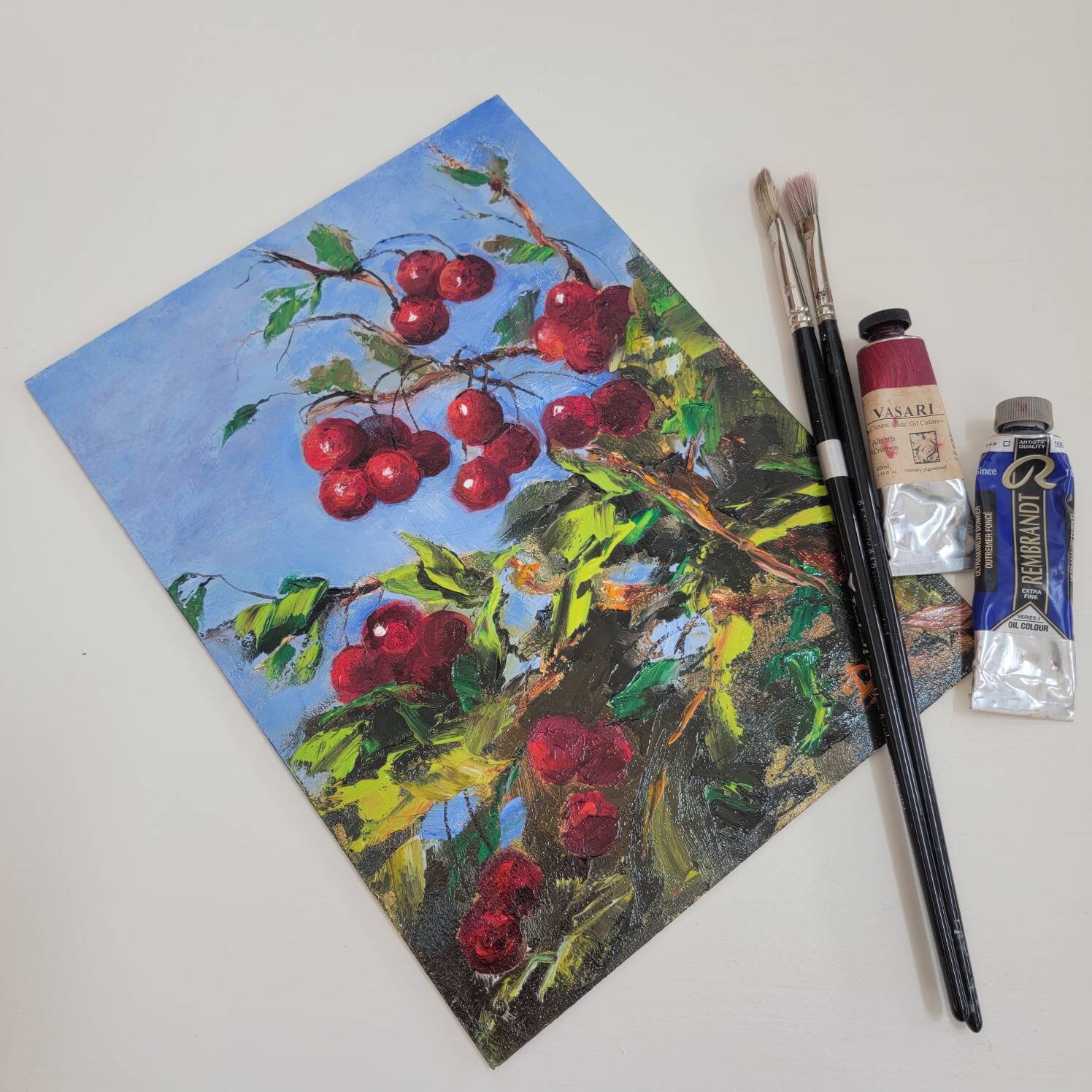 Cherries Original Oil Painting. Berries Painting. Fruit Art, Gift for