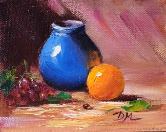 Original oil painting on stretched canvas, Still life, Kitchen art, Home decor, Gift, Wall decor, Small painting, Blue vase Orange