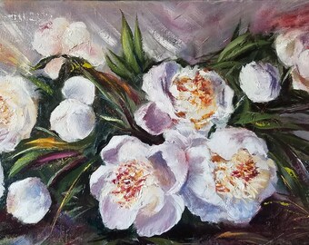 White Peonies Oil Painting on Canvas, Original Floral Artwork 12x24"