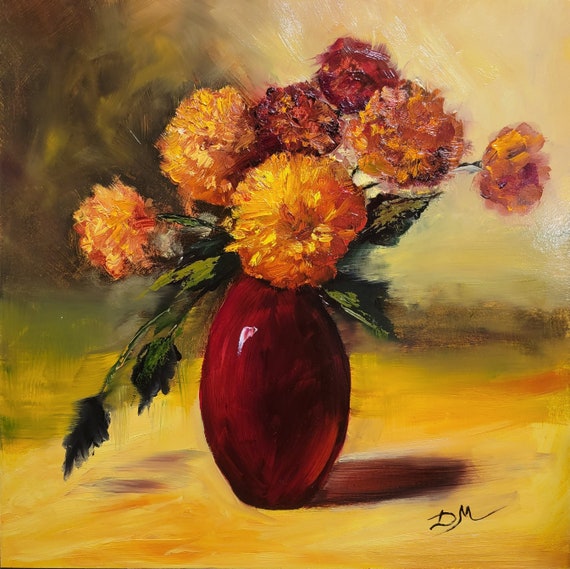 Orange Chrysanthemum Oil Painting: Floral Still Life, Fall Colors