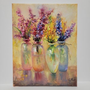 Original Floral Oil Painting: Colorful Spring Flowers in Vases