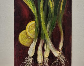 Green Onion & Lemon Original Oil Painting: Kitchen Still Life Art, 8"x6"