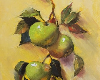 Green apples Original oil painting. Still life Collectible Fine art. Fruit painting Kitchen decor. Wall art. Kitchen art. Apple branch art