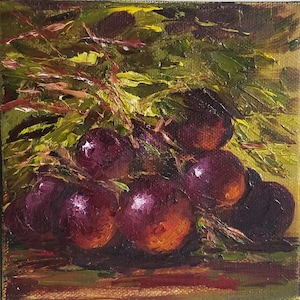 Original Globe Grapes Oil Painting on Canvas: Kitchen Wall Art (5x5 in)