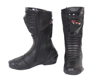 Sleek Black Leather Motorcycle Boots for Men | Racing Shoes | Perfect Gift for Him or Biker Friends