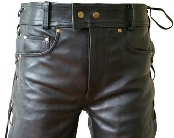 Herren schwarze Lederhose Seitliche Schnürsenkel Hose Bikerhose Party/Casual Lederhose personalisiertes Geschenk für ihn