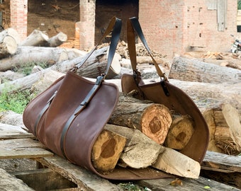 Modern Leather Firewood Tote - Engraved Log Carrier - Customized Wood Bag - Unique Gift for Him - Fathers Day Gift