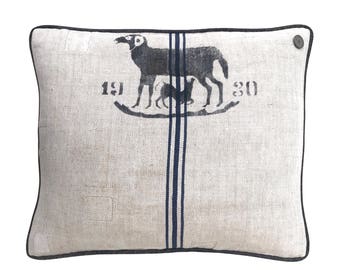 Antique German Grain Sack Pillow from 1930 - 21" x 18"