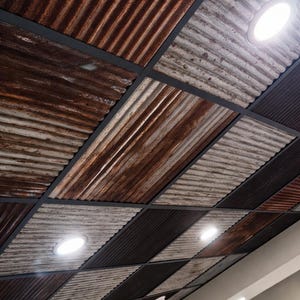 Salvaged Tin Reclaimed Corrugated Barn Roofing Metal Sheets Drop Ceiling Tiles Man Cave Basement Decor