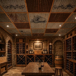 May include: A rustic wine cellar with brick walls, wooden wine racks, and a corrugated metal ceiling. The room features a wooden table, a barrel, and various bottles of wine, creating a warm and inviting atmosphere.
