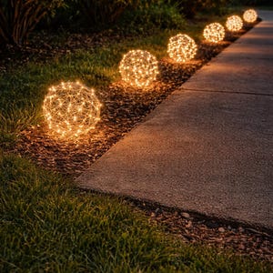 May include: A series of spherical outdoor lights arranged in a line along a walkway. Each sphere is constructed from a thin, metallic wire frame interwoven with numerous small, warm white LED lights that emit a soft, glowing illumination.