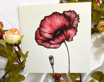 Poppy flower square greeting card, 5 x 5” original art print illustration card