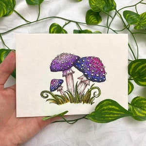 Illustration aquarelle originale de tabouret de crapaud champignon, format carte postale A6