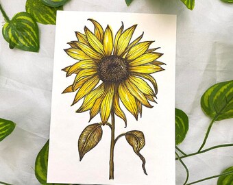 Original artwork sunflower watercolour illustration A6 postcard size