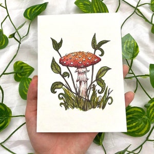 Illustration aquarelle originale de tabouret de crapaud champignon, format carte postale A6