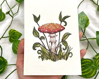 Original artwork mushroom toad stool watercolour illustration A6 postcard size