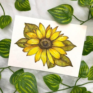 Obra de arte original girasol acuarela ilustración tamaño postal A6