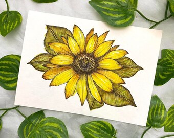 Original artwork sunflower watercolour illustration A6 postcard size