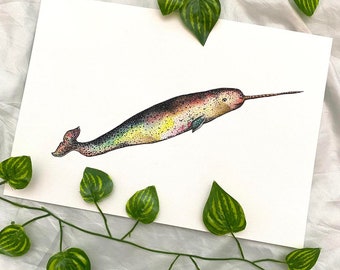 Original watercolour illustration rainbow colourful narwhal whale