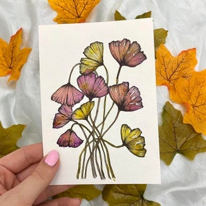 Original Kunstwerk Gingko Blätter Aquarell Malerei Illustration A6 Zeichnung signiert Kunst