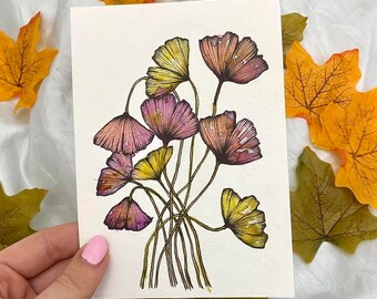 Original artwork botanical gingko leaves watercolour painting illustration A6 drawing signed art