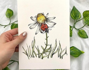 Original watercolour // daisy and ladybird illustration