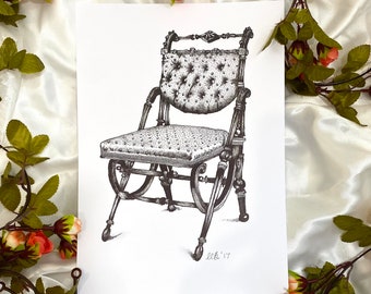 Original art print, victorian chair illustration.