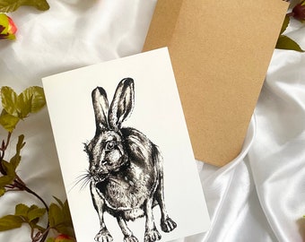 A6 Hare greeting card, pen and ink original artwork card art print, landscape 6" x 4"