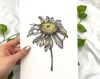 Original signed artwork daisy flower watercolour pen painting illustration A5