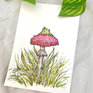 Oeuvre d'art originale illustration aquarelle de tabouret champignon grenouille crapaud format carte postale A6