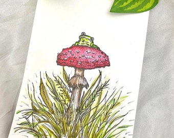 Original artwork mushroom frog toad stool watercolour illustration A6 postcard size