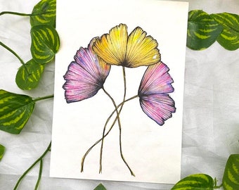 Original artwork botanical gingko leaves watercolour painting illustration A6 drawing signed art