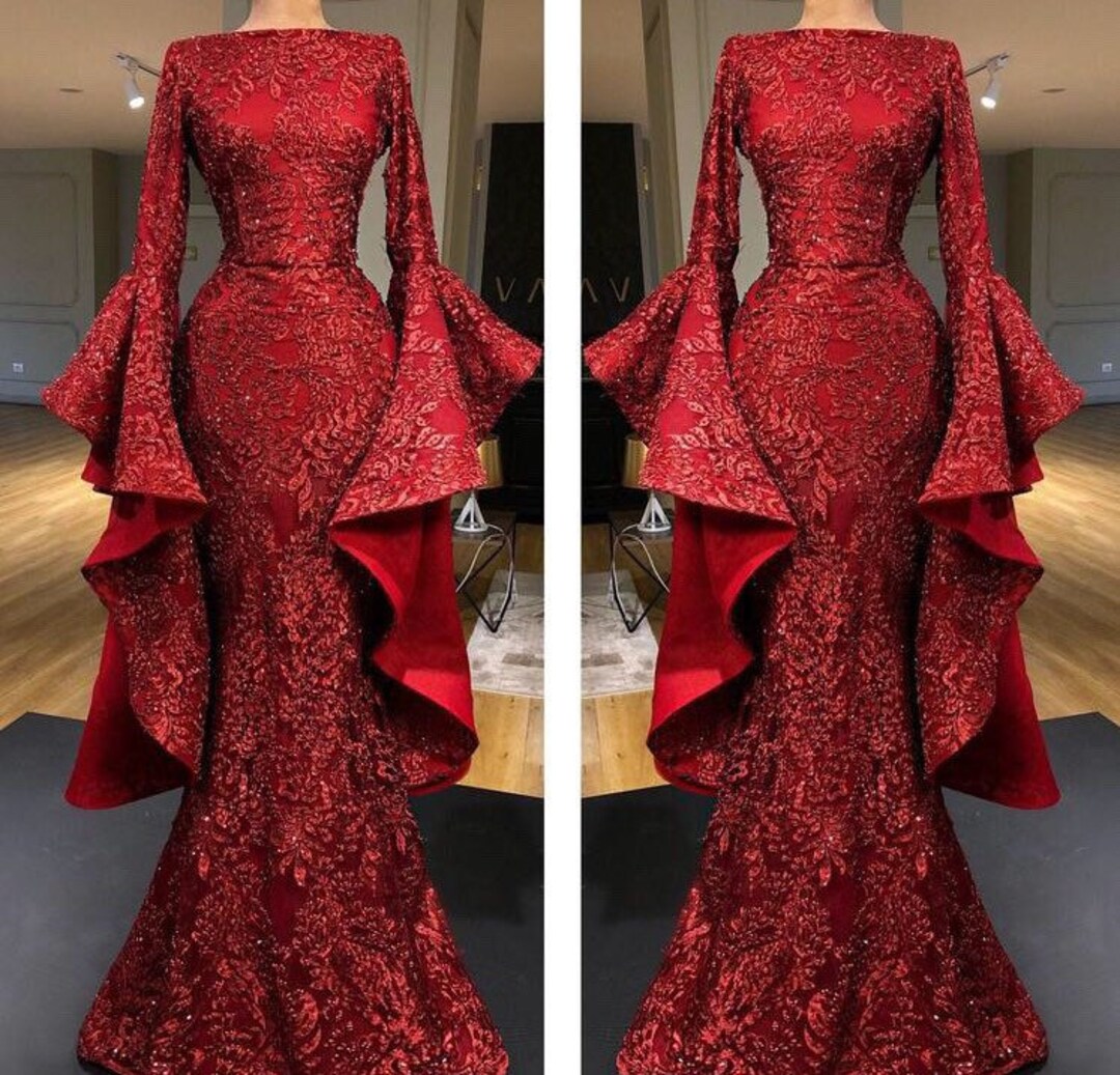 Red Lace Prom Dress With Bell Sleeves African Prom Dress - Etsy