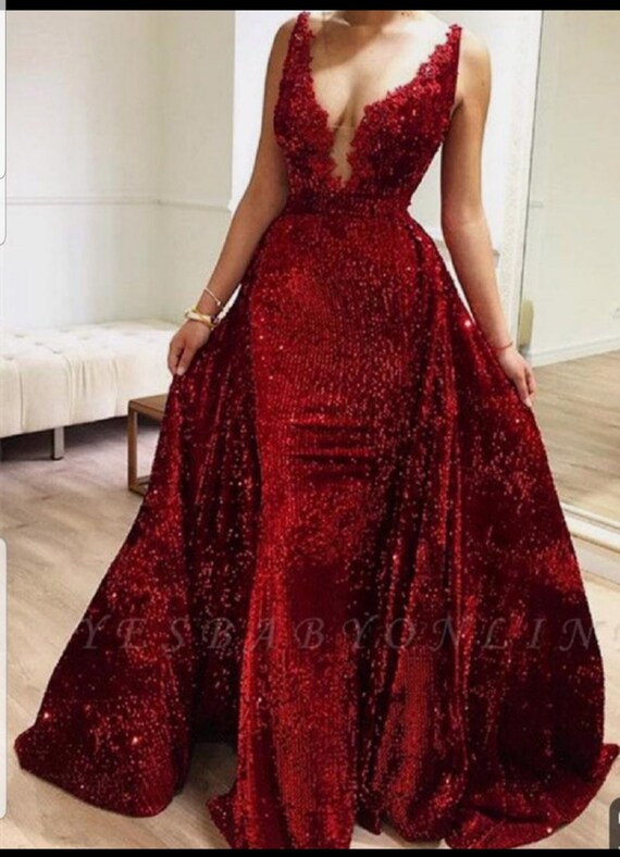 KeerahsFashionCave Floor Length Red Sequin Dress with Cape, African Women Wedding dress,Evening Dresses for Women,Wedding Reception gown,bridesmaid Dresses