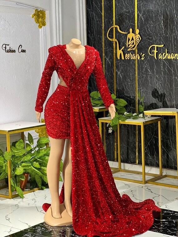 Red Sequin Midi Dress With Train Evening Dresses African - Etsy