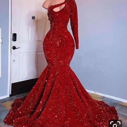 KeerahsFashionCave Red Mermaid Sequins Prom Dress,Wedding Reception Gown, Christmas dress,shimmery Dresses, Bridal Dresses, African Women Party Dresses