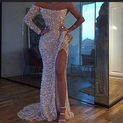 A Line Long Silver Sequin Prom Dress 