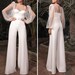 Women wide leg bridal jumpsuit, sheer full sleeve women wedding reception jumpsuit and rompers ,lace jumpsuit , wedding pantsuit 