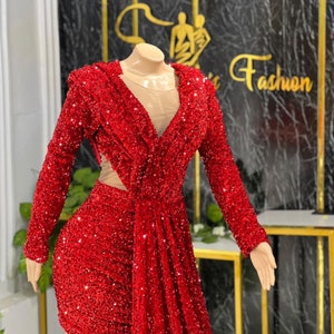 Red Sequin Midi Dress With Train Evening Dresses African - Etsy