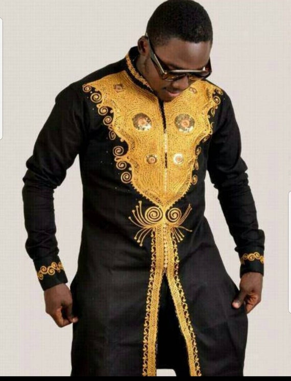 Kleding Herenkleding Overhemden & T-shirts Overhemden Zwart en goud Borduurwerk Mannen Afrikaanse Dashiki Kleding voor prom Afro jurk shirts en broeken bruiloften en feesten Senator's 