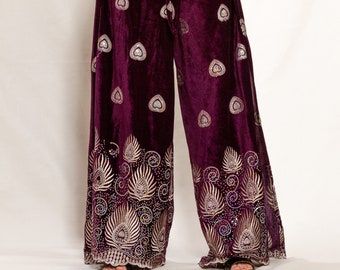 Velvet hippie hippy trousers, long, purple velvet, embroidered, silver, flares, wide leg, festival, burning man, wrap around, yoga pants