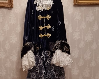Blue velvet pirate jacket! tailored, jacket, 17th century jacket, frock coat, swing, lined pirate coat, cosplay, costume, blue satin lined