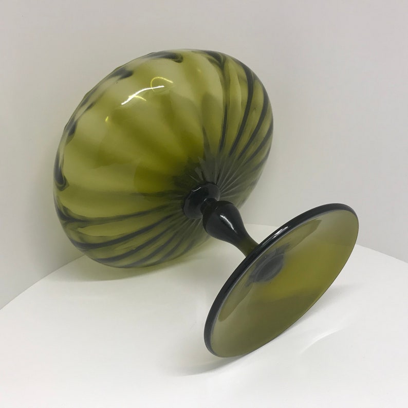EMPOLI ITALY COMPOTE in Olive green Mid Century Modern hand blown fluted optic glass 1960s Mad Men Era coffee table candy dish art glass
